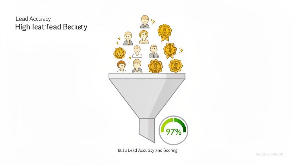 An illustration showing people and gold badges flowing into a funnel, with 97% lead accuracy indicated.