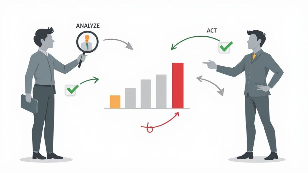Two businessmen analyze data and take action based on a bar chart, depicting a continuous improvement cycle.