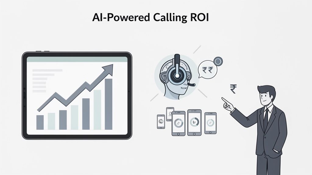 Illustration depicting AI-powered calling increasing ROI, with a growth chart, headset user, mobile phones, and businessman pointing to rupees.