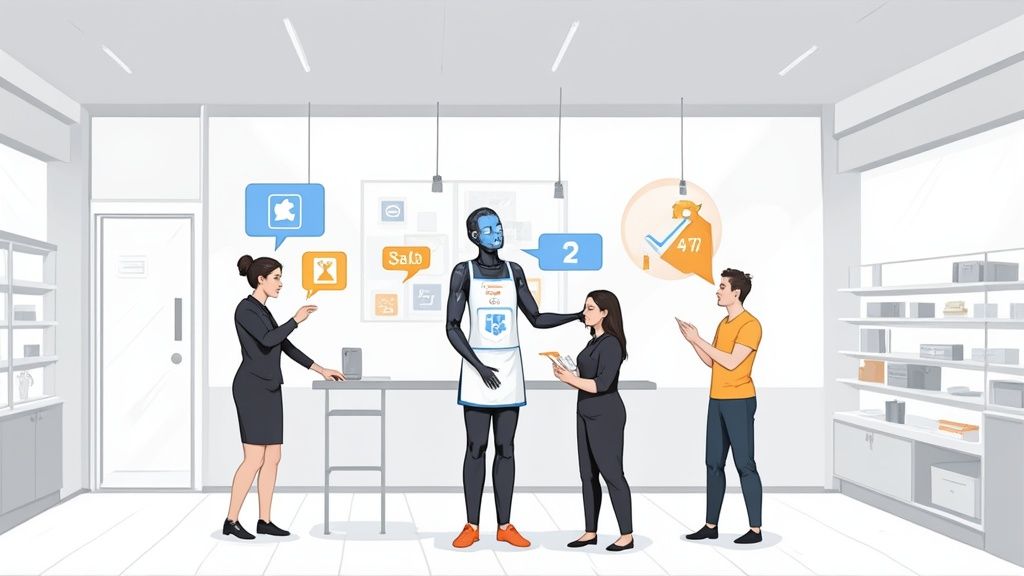 An AI robot in an apron interacts with two women and a man in a modern store setting.