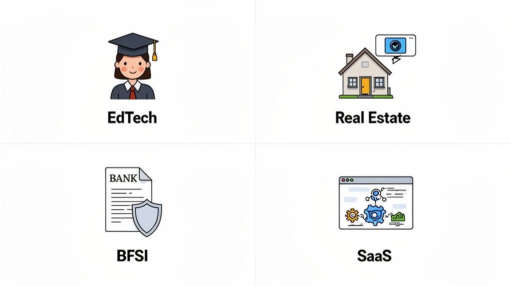 Four distinct panels with icons and labels representing EdTech, Real Estate, BFSI, and SaaS industries.