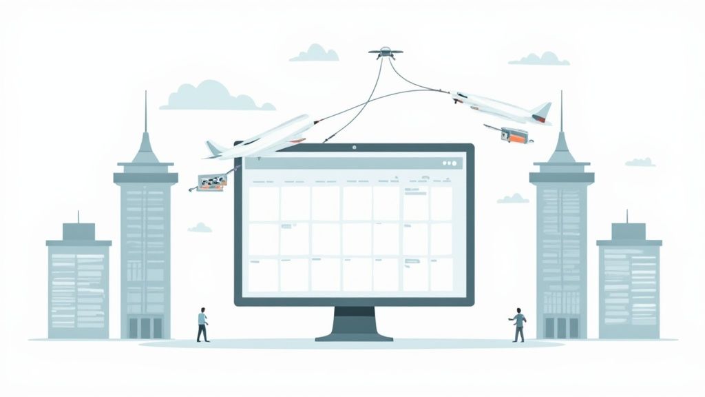 An illustration of a digital scheduling interface on a monitor with drones delivering packages in a city.