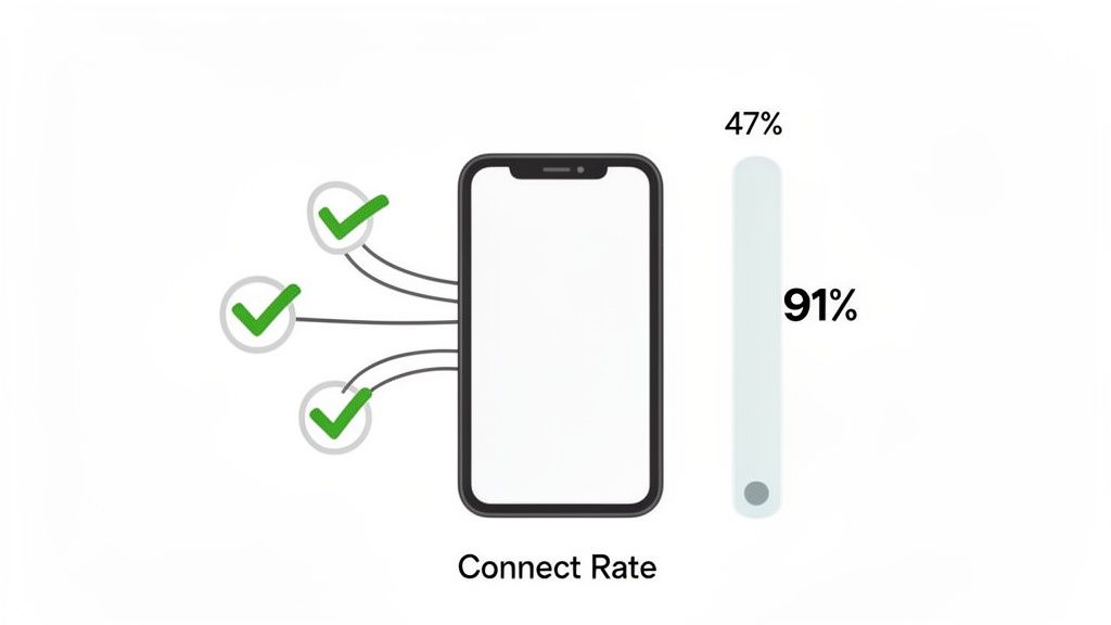 Graphic showing a smartphone, successful connections, and a 91% 'Connect Rate' metric.