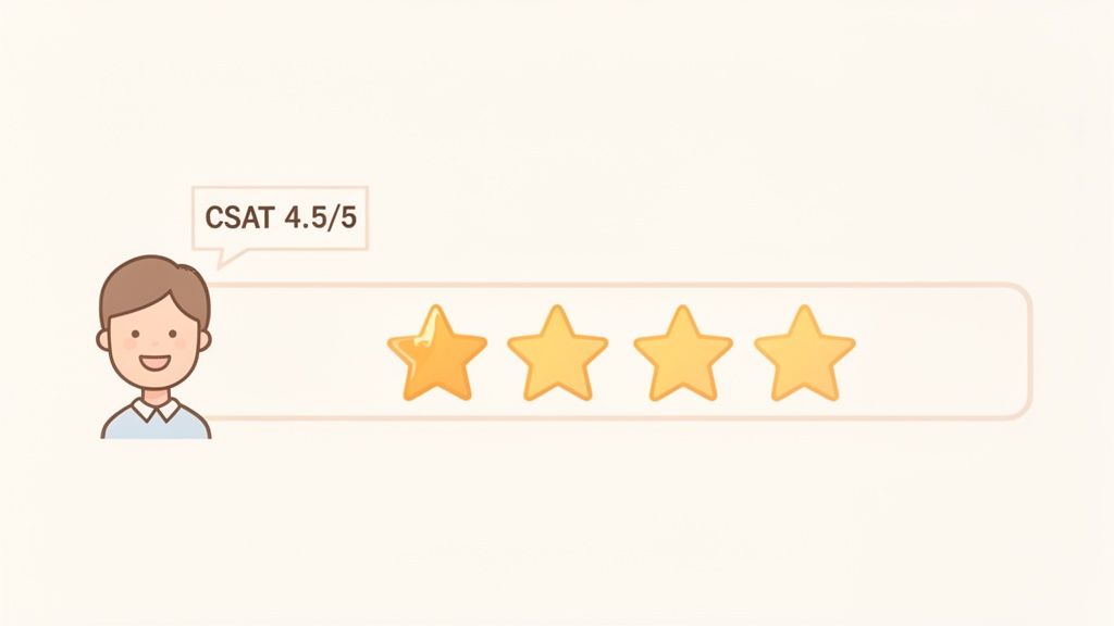 A cartoon person provides a 4.5 out of 5 CSAT rating represented by four golden stars.