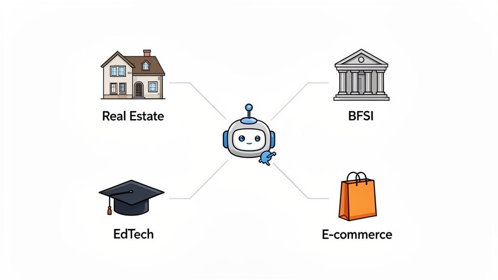 A friendly chatbot icon connected to Real Estate, BFSI, EdTech, and E-commerce industries.