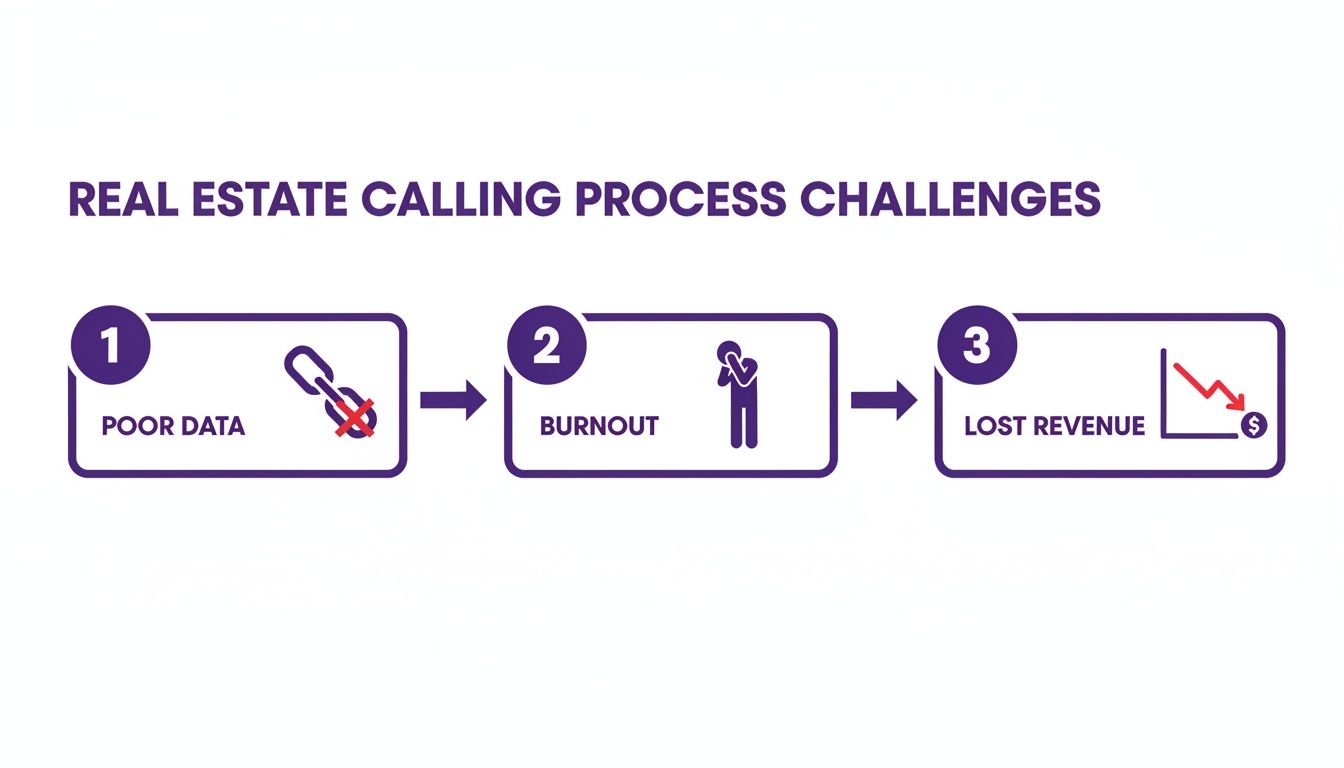 Infographic displaying real estate calling process challenges: poor data, burnout, and lost revenue.
