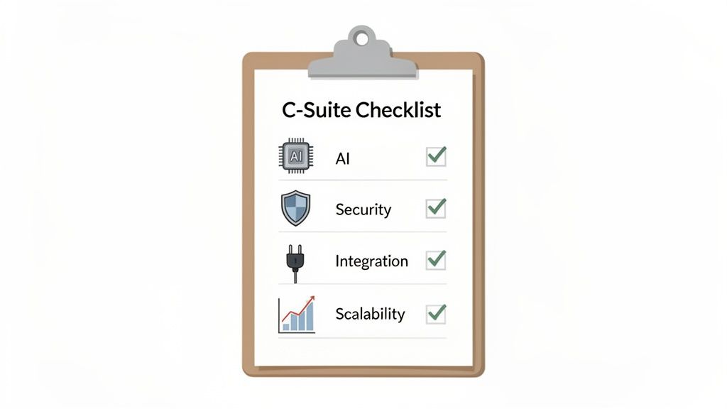 A C-Suite checklist on a clipboard with AI, security, integration, and scalability all checked.