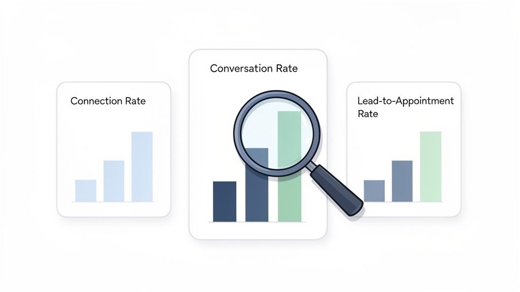 Three cards displaying bar charts for connection, conversation, and lead-to-appointment rates, with a magnifying glass on one chart.