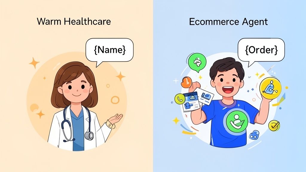 Two cartoon illustrations: a doctor representing warm healthcare and an agent for ecommerce services.