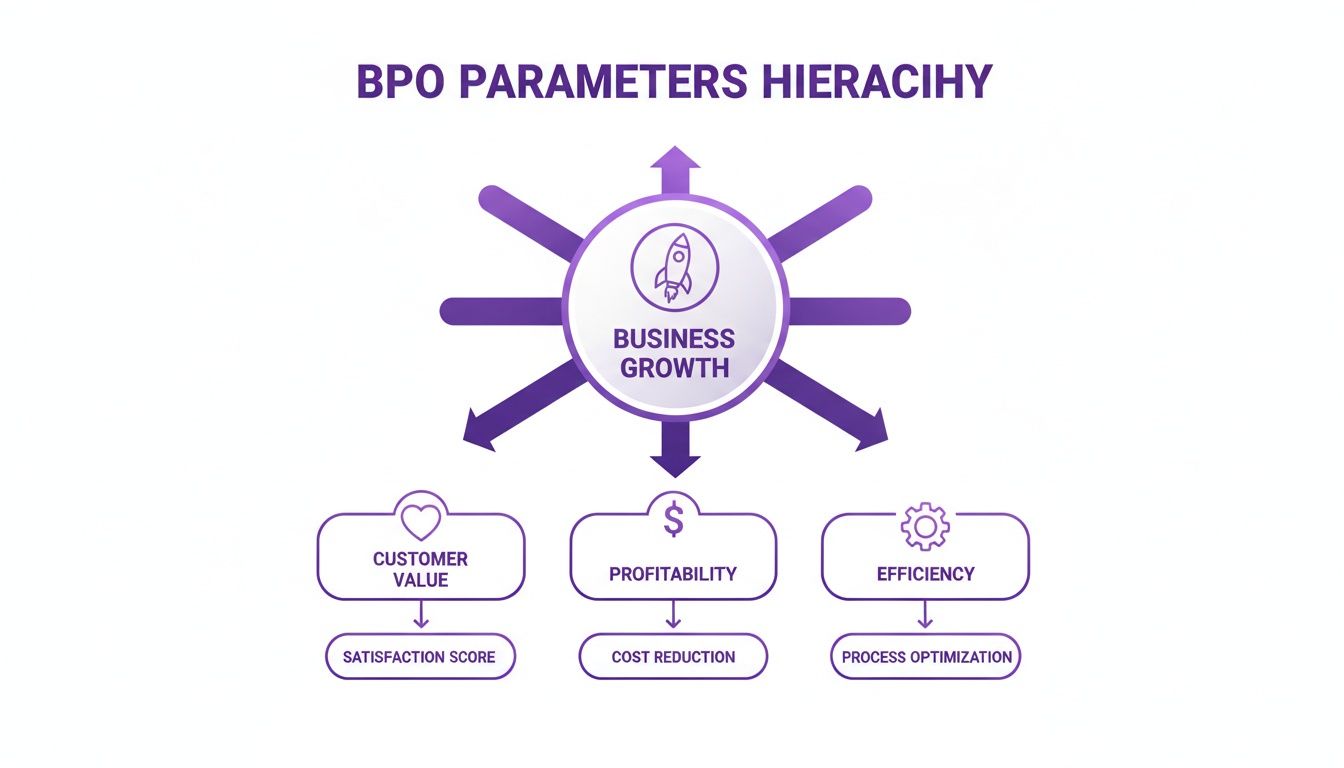 A BPO parameters hierarchy diagram showing customer value, profitability, and efficiency leading to business growth.