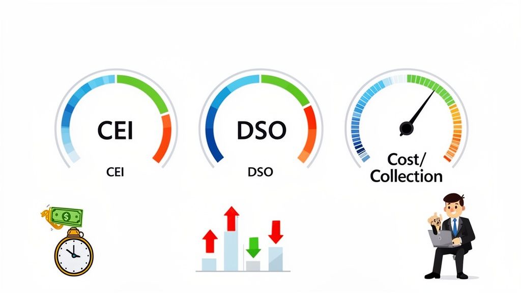 Visual representation of key collection performance indicators including CEI, DSO, and Cost/Collection gauges.