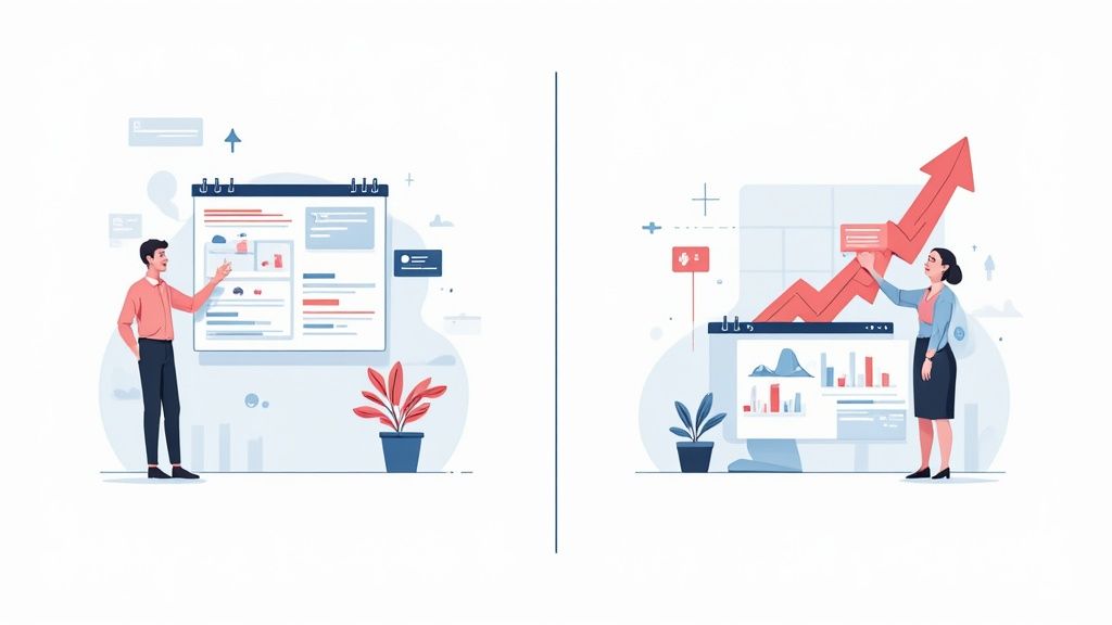 Illustrations of a man presenting data and a woman analyzing growth charts for business.