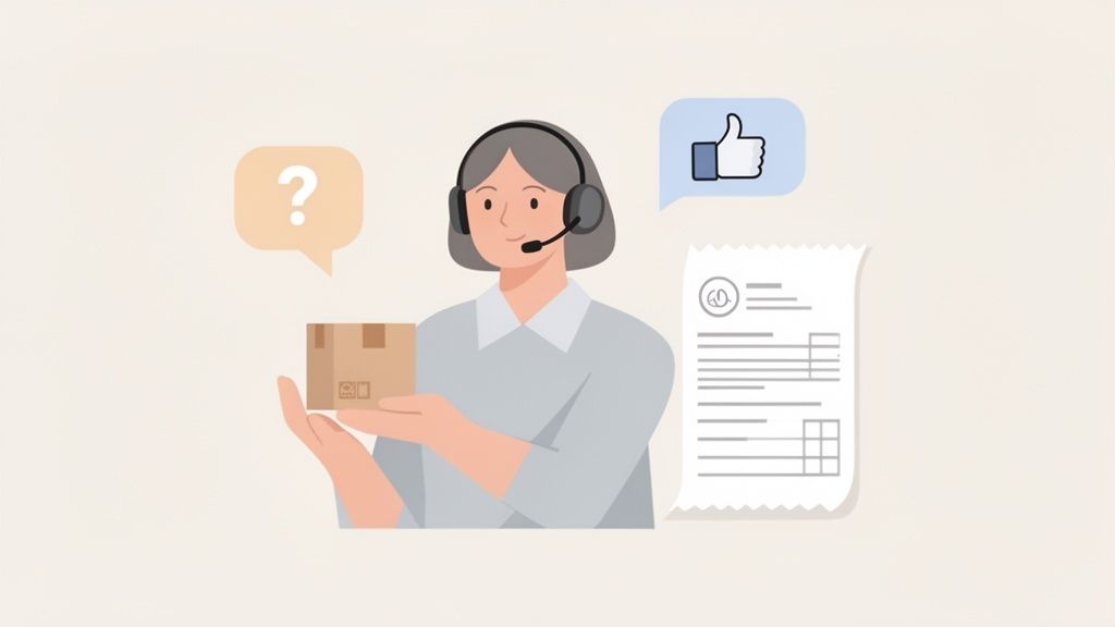 A customer service agent with a headset holds a package, surrounded by symbols for inquiries and satisfaction, plus a receipt.
