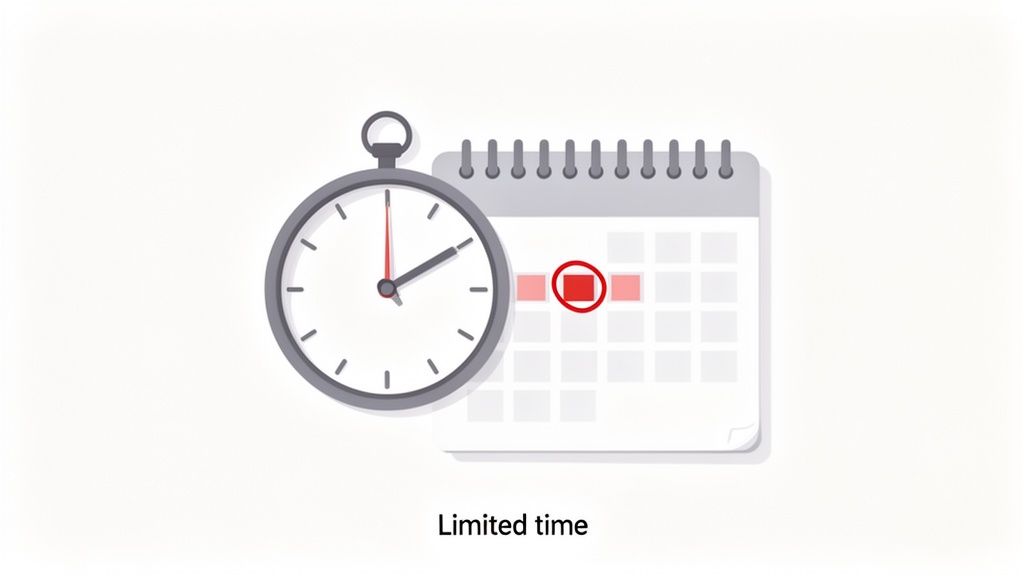 A stopwatch and calendar with a highlighted date, symbolizing a limited time offer or deadline.