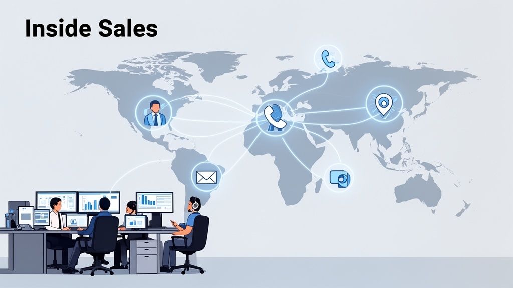 An inside sales team works at computers, globally connecting with clients via phone, email, and video.