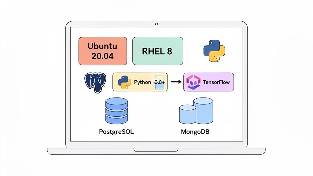 A laptop screen showing various software components including Ubuntu, RHEL, Python, TensorFlow, PostgreSQL, MongoDB, and Hadoop.