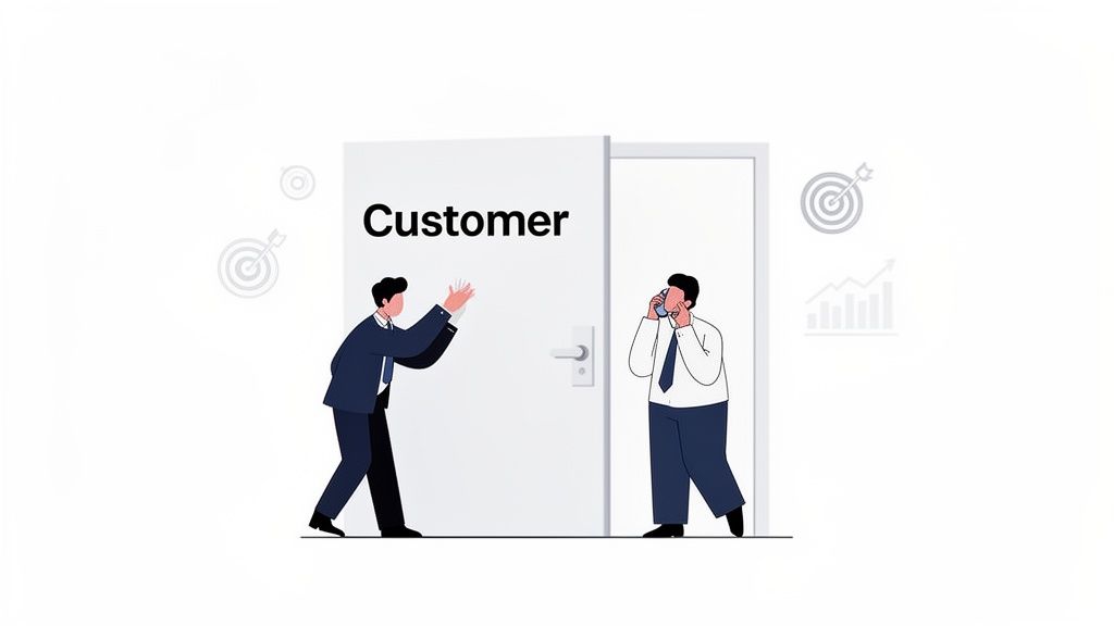 A customer knocks on a door while a business person is busy on the phone, ignoring them.