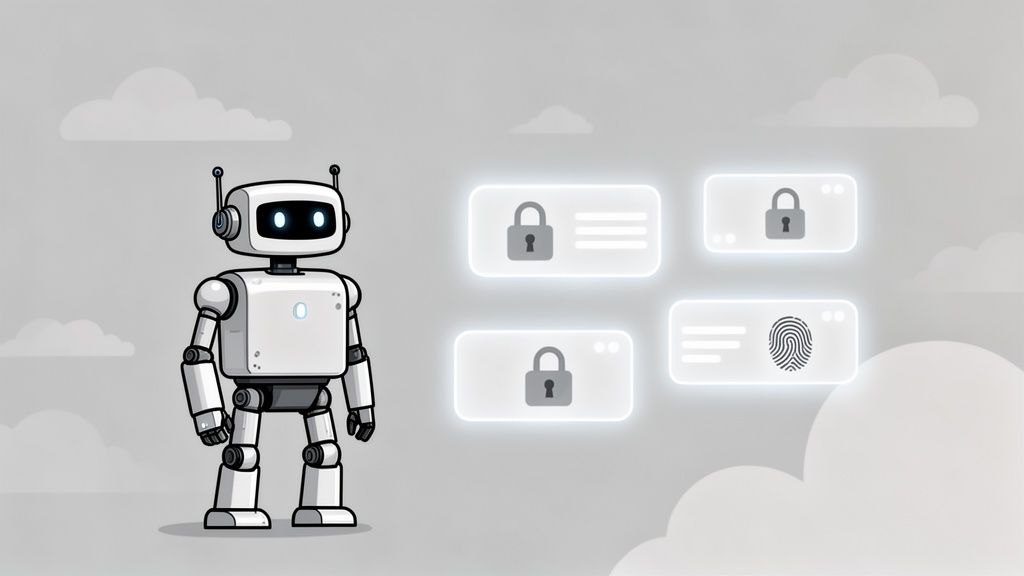 A friendly white robot stands next to cloud-based security icons including padlocks and a fingerprint.