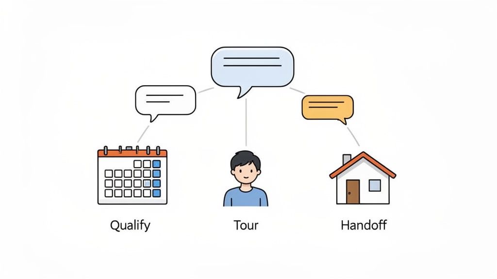 An illustration depicting a real estate process with qualify, tour, and handoff stages connected by speech bubbles.
