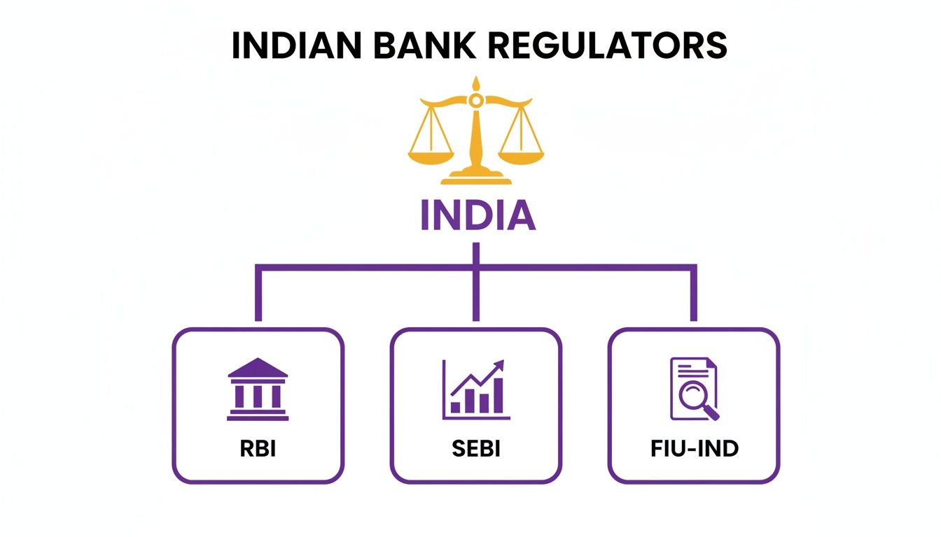 Diagram illustrating Indian bank regulators: RBI, SEBI, and FIU-IND, under the main heading 'India'.