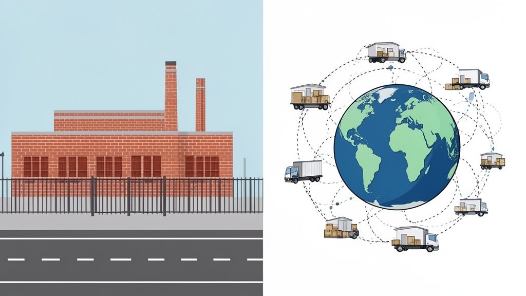 An illustration contrasting a factory building with a global logistics network of trucks transporting goods around a globe.