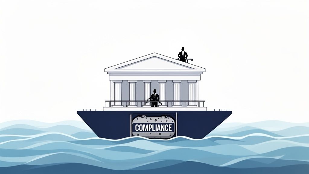 A bank-like building on a ship with two armed men, showing a 'Compliance' compartment below the waterline.