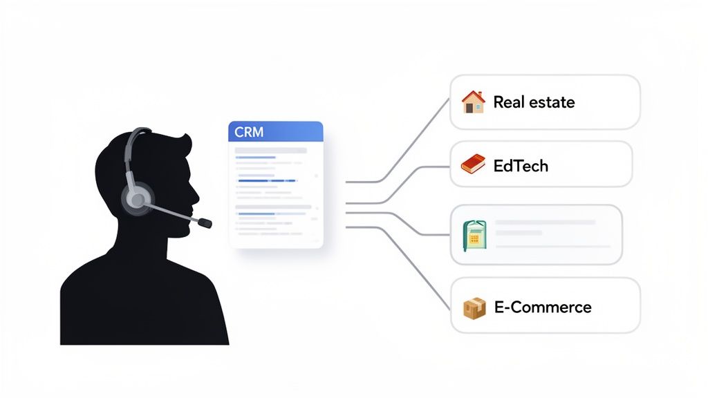 Call center agent uses a CRM system, showing integrations with real estate, EdTech, and e-commerce.