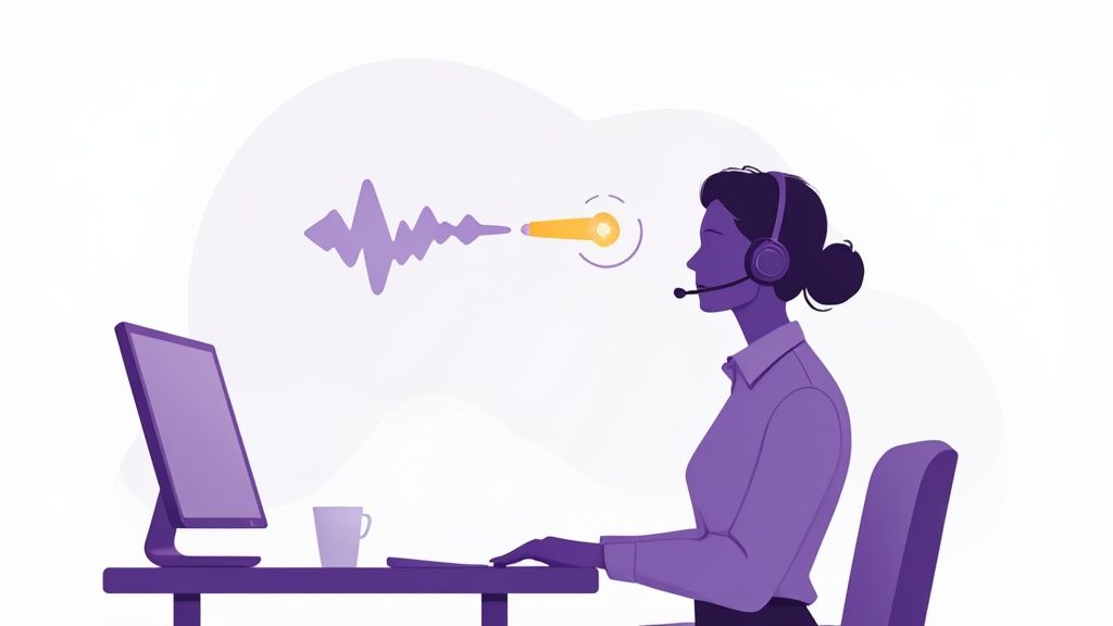 Purple illustration of a call center agent with headset, voice waves leading to a lightbulb.
