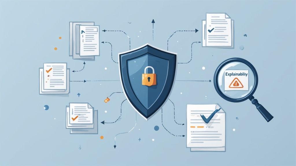 Shield with padlock protects documents, symbolizing data security and explainability in information flow.
