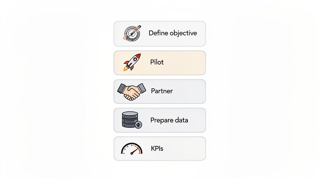 A vertical list of five business process steps: define objective, pilot, partner, prepare data, KPIs.
