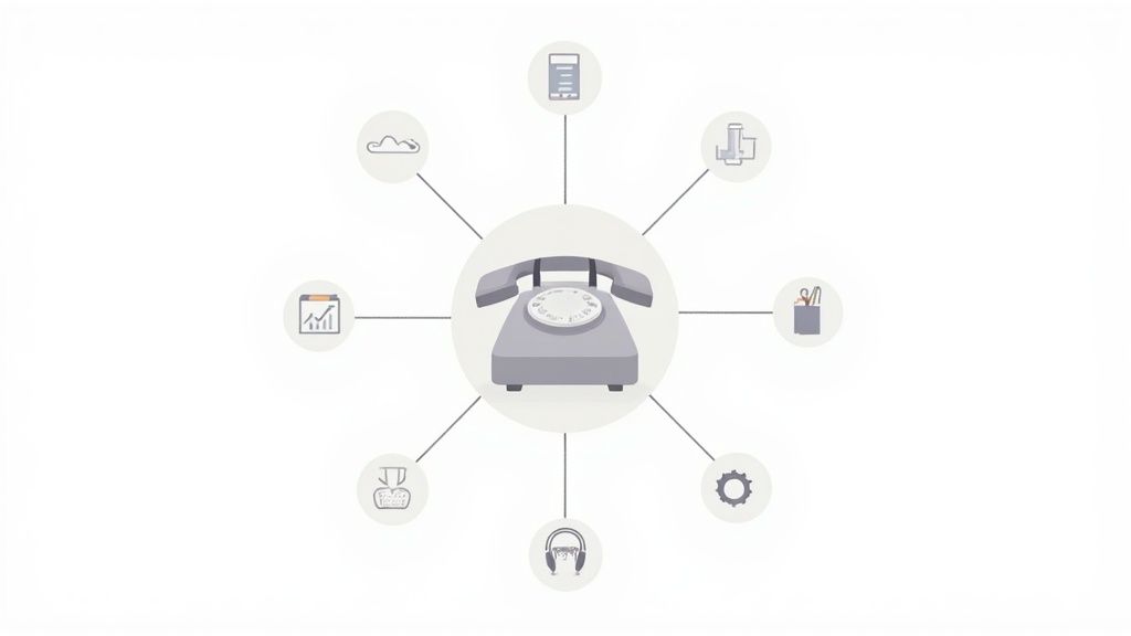 A vintage telephone central to a hub-and-spoke diagram connecting to various business and cloud services.