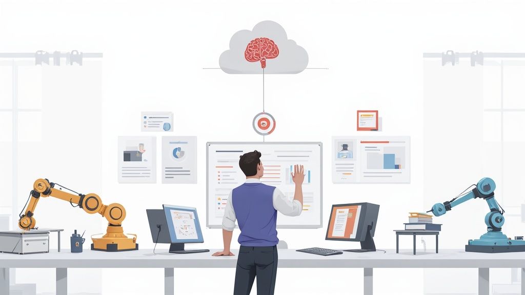 A man interacts with a large screen, surrounded by robotic arms and data visualizations in a bright room.