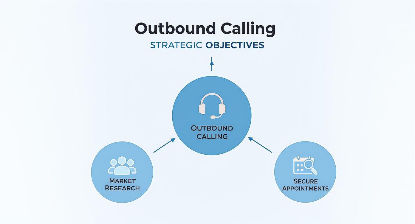 Diagram illustrating outbound calling strategic objectives: market research and securing appointments.