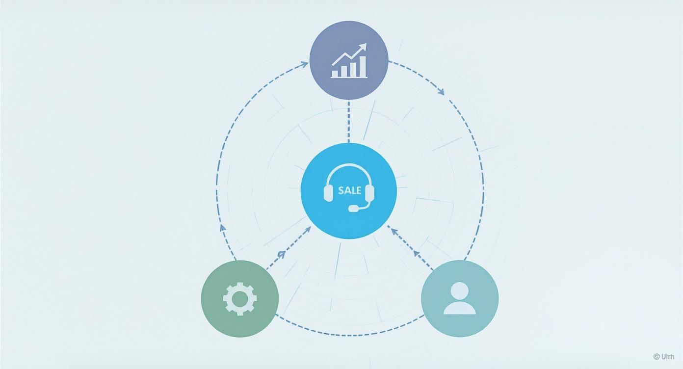 Conceptual diagram illustrating a sales process flow, connecting sales support, analytics, operational settings, and customer interaction.