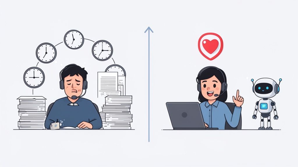 Illustration comparing a stressed contact center agent with a happy agent and AI robot assistant.