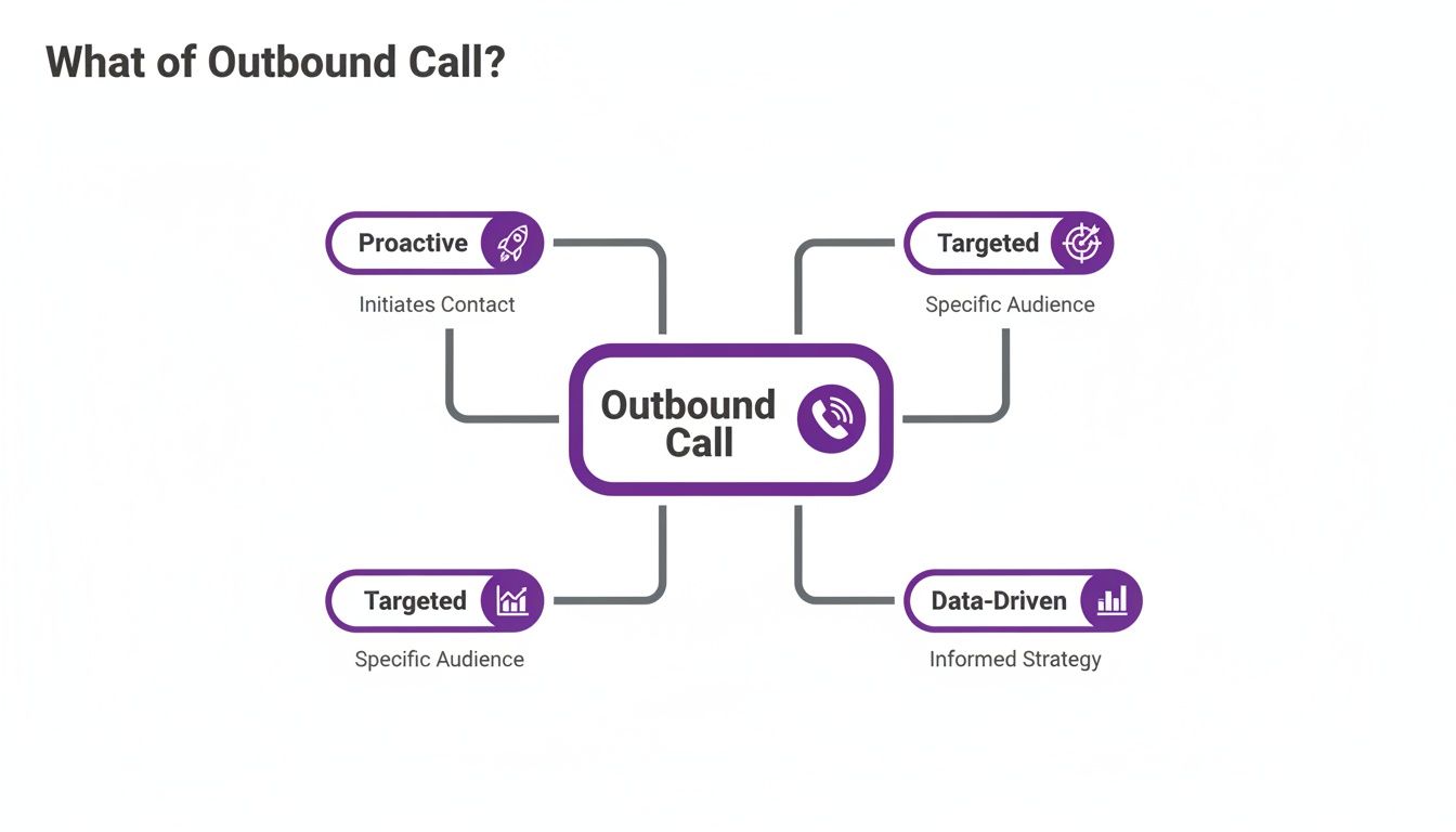 Mind map illustrating key characteristics of outbound calls: proactive, targeted, and data-driven strategy.
