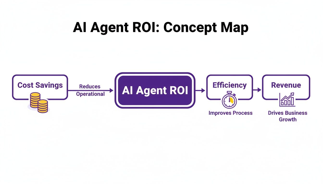 Concept map illustrating AI Agent ROI driven by cost savings, efficiency improvements, and revenue growth.