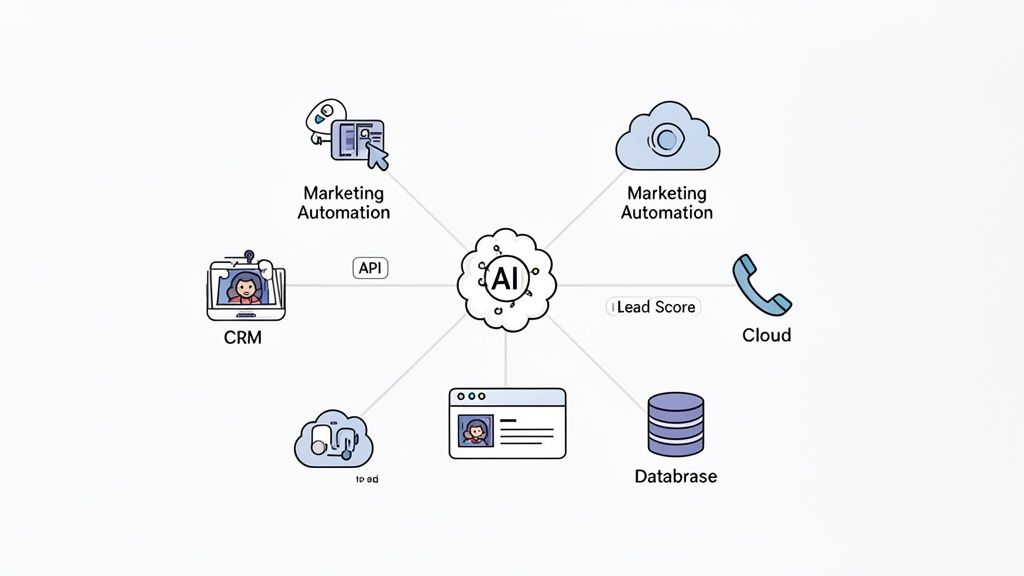 Diagram illustrating AI as a central hub connecting marketing automation, CRM, cloud, and database systems.
