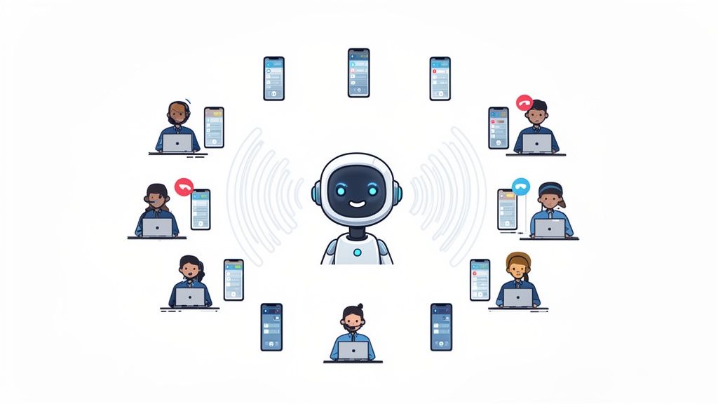 AI robot orchestrating customer support, surrounded by agents with laptops and smartphones, depicting communication flow.