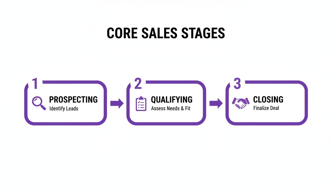 A flowchart outlining the three core sales stages: 1. Prospecting, 2. Qualifying, and 3. Closing.