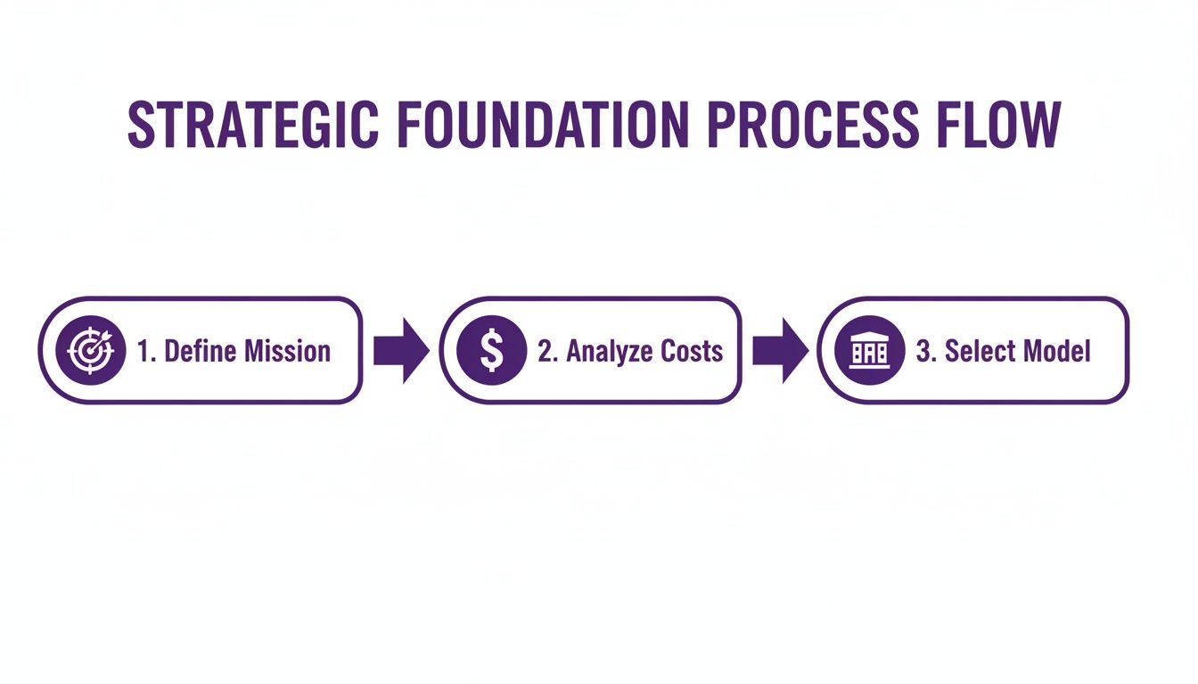 Strategic foundation process flow diagram showing steps to define mission, analyze costs, and select model.