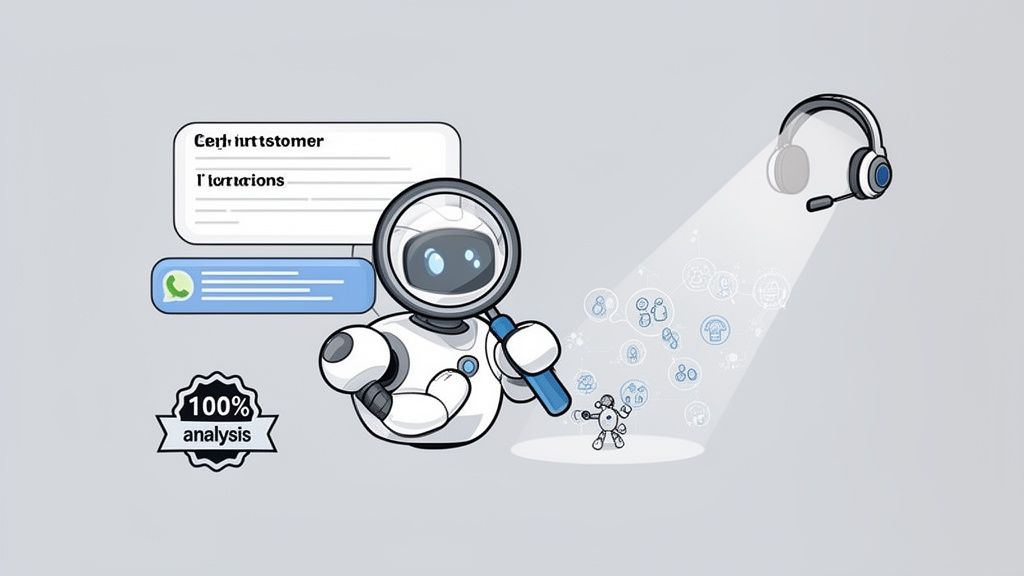 AI robot analyzes customer data and interactions with a magnifying glass, ensuring 100% analysis.