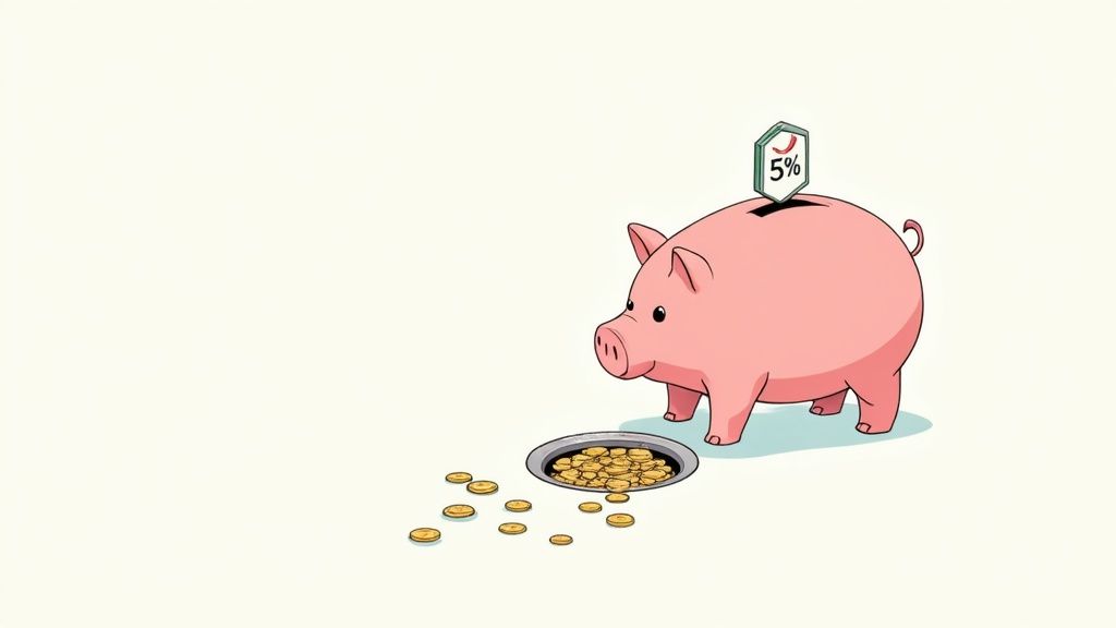 A pink piggy bank observes gold coins leaking from its base into a drain, with a 5% tag.