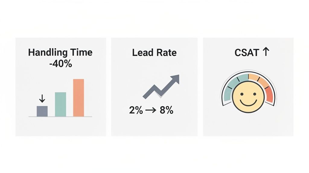 Three business performance metrics displayed, including handling time reduction, lead rate increase, and CSAT improvement.