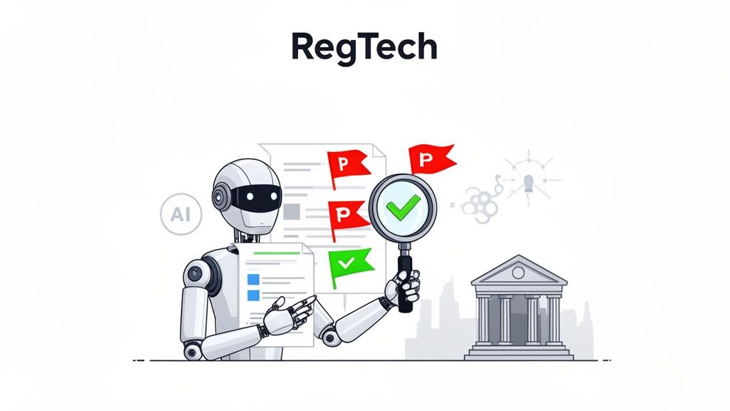 A RegTech AI robot uses a magnifying glass to review documents for compliance in banking.