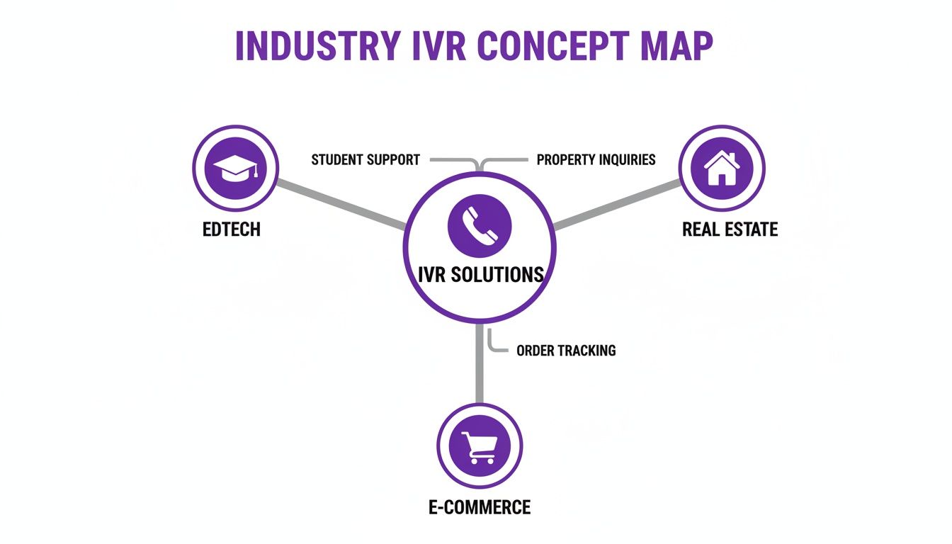 An IVR concept map showing solutions for EdTech, Real Estate, and E-commerce, detailing use cases.