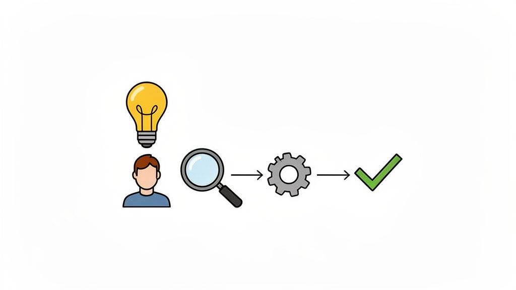 An illustration showing a problem-solving process: an idea, research, execution, and success.