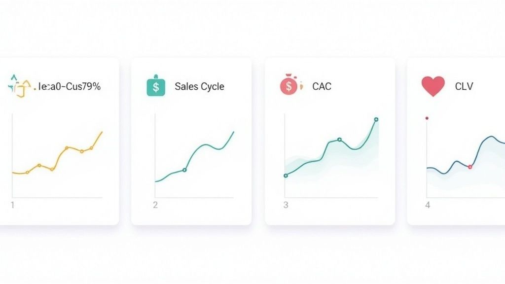 Four business analytics cards displaying growth trends for sales cycle, CAC, and CLV metrics.