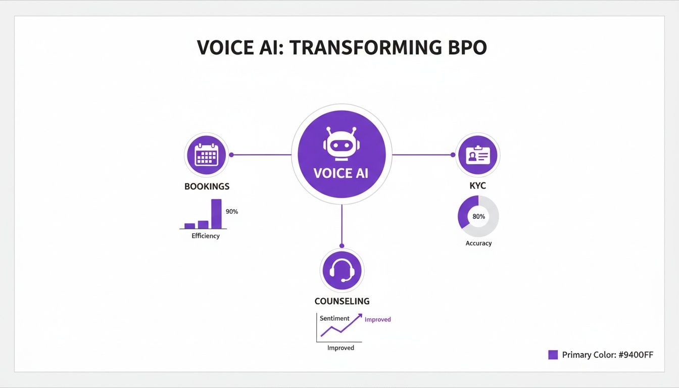 Infographic showing Voice AI transforming BPO with improved bookings efficiency, KYC accuracy, and counseling sentiment.