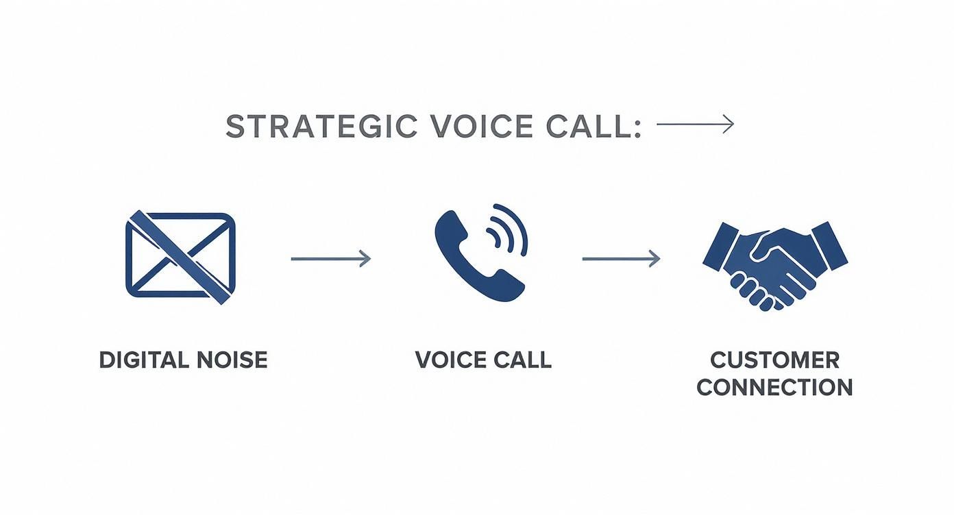 Diagram showing a strategic voice call process: from digital noise to customer connection using a phone icon.